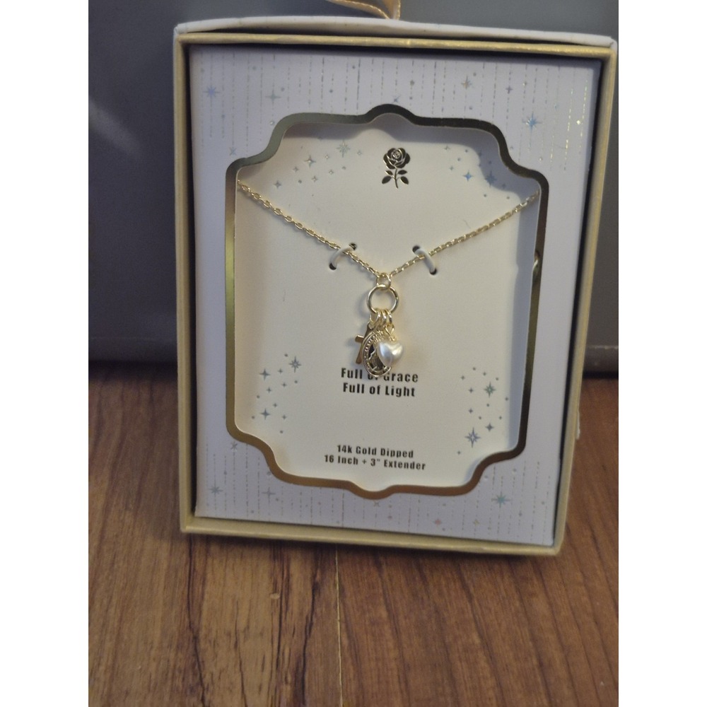 Full of Grace & Light 14k Gold Dipped Religious Charm Necklace Cross Pearl S26